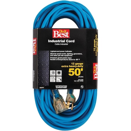 SJTW Extension Cord, 12 AWG, Outdoor, 12/3, 1 Outlets, Blue, 50 ft
